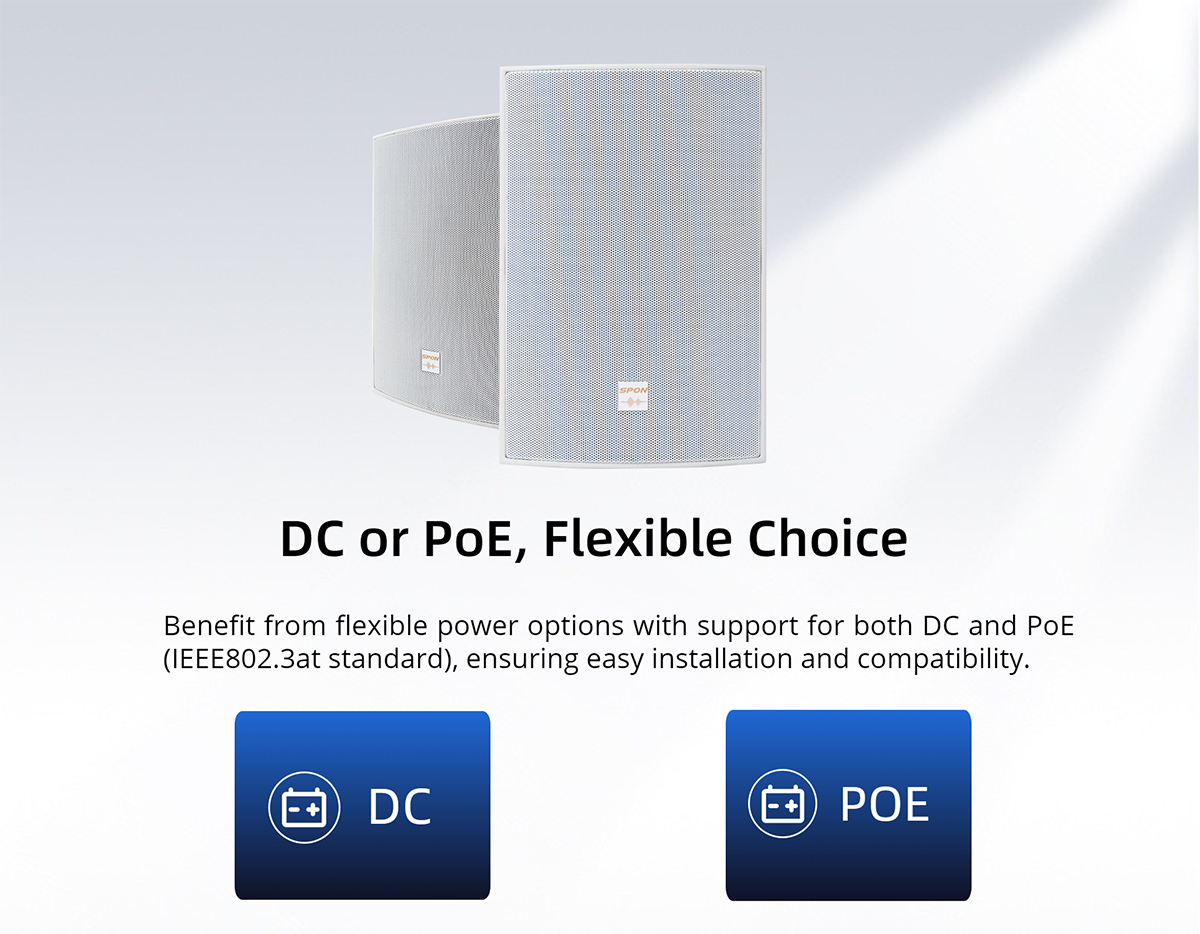 Network IP POE Wall Mount PA System Speaker, remote control,All-in-one with digital amplifier and Speaker benefit from flexible power options with support for both DC and poe(IEEE802.3 at standard), ensuring easy installation and compatibility