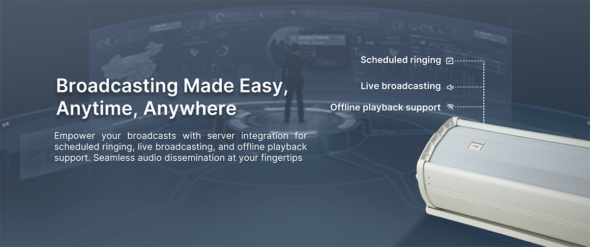 empower your broadcasts with server integration for scheduled ringing, live broadcasting, and offline playback support. seamless audio dissemination at your fingertips. scheuduled ringing. live broadcasting. offline playback support. IP outdoor directional loudspeaker. sonic precision, noise reduction refined