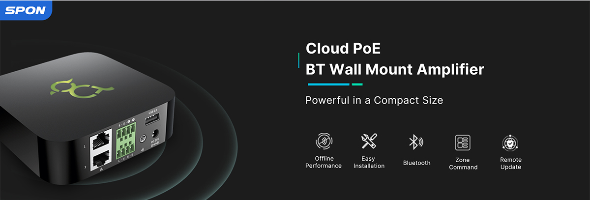 cloud poe BT wall mount amplifier. powerful in a compact size. offline perfomance. easy installation. bluetooth. zone command. remote update